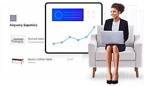 E ticaret sitesi tasarım fiyatları   Eticaret hizmetleri   wordpress eticaret tasarım yazılım  E ticaret satış grafiği ve dizüstü bilgisayarda çalışan kadın